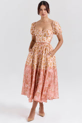 peach poppy print puff sleeve midi sundress