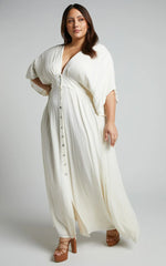 Sitting Pretty Maxi Dress - Short Sleeve Button Down Dress In Natural