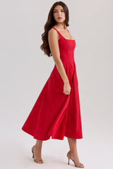 red stretch cotton midi sundress