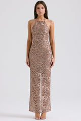 rose gold embroidered sequinned gown