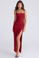 deep red stretch mesh corset maxi dress