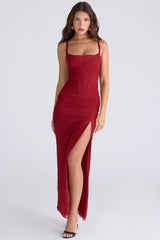 deep red stretch mesh corset maxi dress