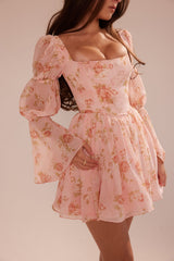 english vintage rose print puff sleeve mini dress