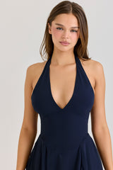 navy georgette halter midi dress