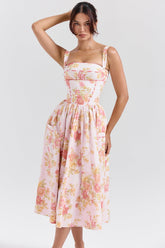peach poppy print cotton midi sundress