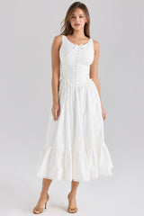 white stretch cotton lace up midi dress