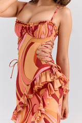 sunset swirl print ruffle cut out maxi dress