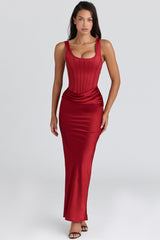 red satin corset maxi dress