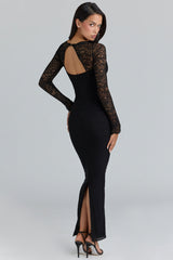 black lace long sleeved corset maxi dress