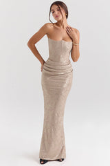 pale gold chiffon mesh strapless corset maxi dress