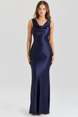 navy satin draped cowl neck maxi dress