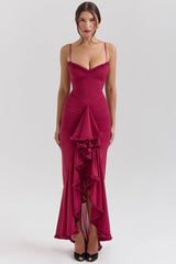 wine ruffled front gown