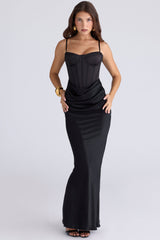 black satin draped corset maxi dress