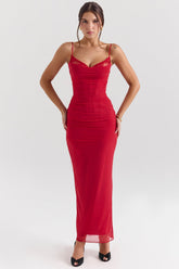 holly red stretch mesh corset maxi dress