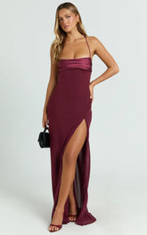 Sonya Maxi Dress - Cowl Neck Asymmetric Fit And Flare Dress In Wine