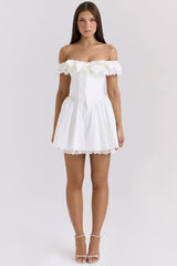 white cotton off shoulder corset mini dress