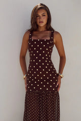 TILLIE SHEER BOTTOM MAXI DRESS - CHOC/LEMON POLKA