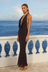 LEXIE LOW PLUNGE HALTER MAXI DRESS - BLACK POLKA