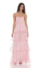 Smocked Floral Ruffle Maxi Dress In Pink