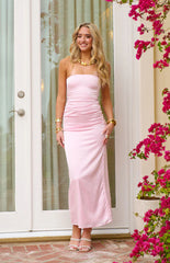 Pink Bloom Satin Strapless Maxi Dress