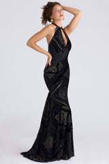 black & gold devore velvet maxi gown