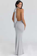 silver grey halter neck backless maxi dress
