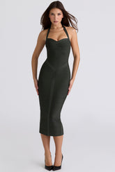 emerald halter neck bandage midi dress