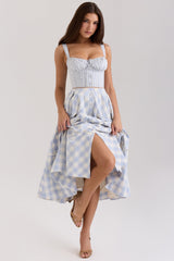 light blue gingham stretch cotton midi dress