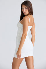 white gathered stretch mesh mini dress
