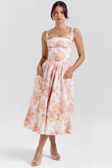 peach poppy print cotton midi sundress
