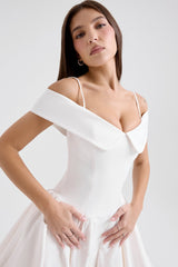 white twill off shoulder mini dress