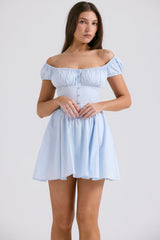 soft blue cotton gathered mini dress