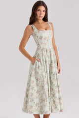 sage floral print cotton midi dress