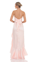 Satin Jacquard Back Bow Corset Maxi Dress in Pink