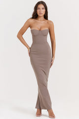 taupe strapless corset maxi dress