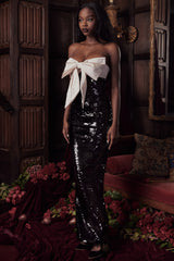 black sequin strapless bow dress