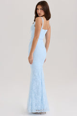 blue lace godet maxi dress