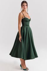 forest green satin tulle midi dress