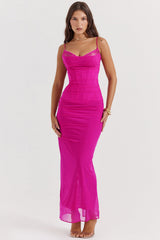 fuchsia stretch mesh maxi dress