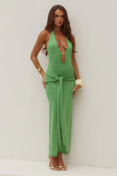 AYELLA DEEP-V KNIT MAXI DRESS - APPLE