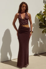 VALERIA HALTER CUTOUT MAXI DRESS - CHOC/LEMON POLKA