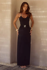 NINA RUCHED HALTER MAXI DRESS - BLACK