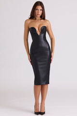 black vegan leather strapless midi dress