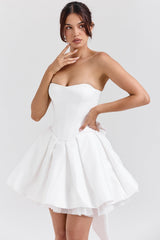 white satin strapless bow mini gown