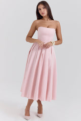 parisian pink strapless corset midi dress