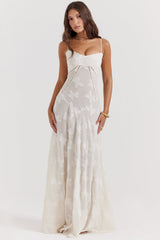 vintage cream floral lace back maxi dress