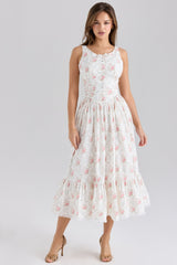 rose print stretch cotton lace up midi dress