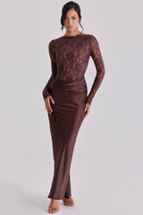 espresso brown lace + satin draped maxi dress