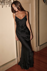black hand beaded embellished satin maxi dress - limited edition