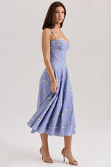 blue daisy print stretch cotton midi sundress